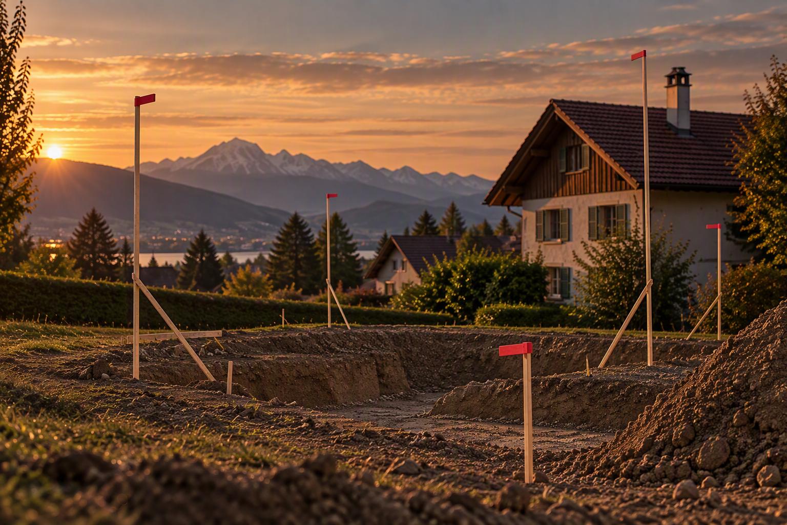Baugespann auf einem Bauplatz in einem Wohnquartier mit Blick auf die Berner Alpen