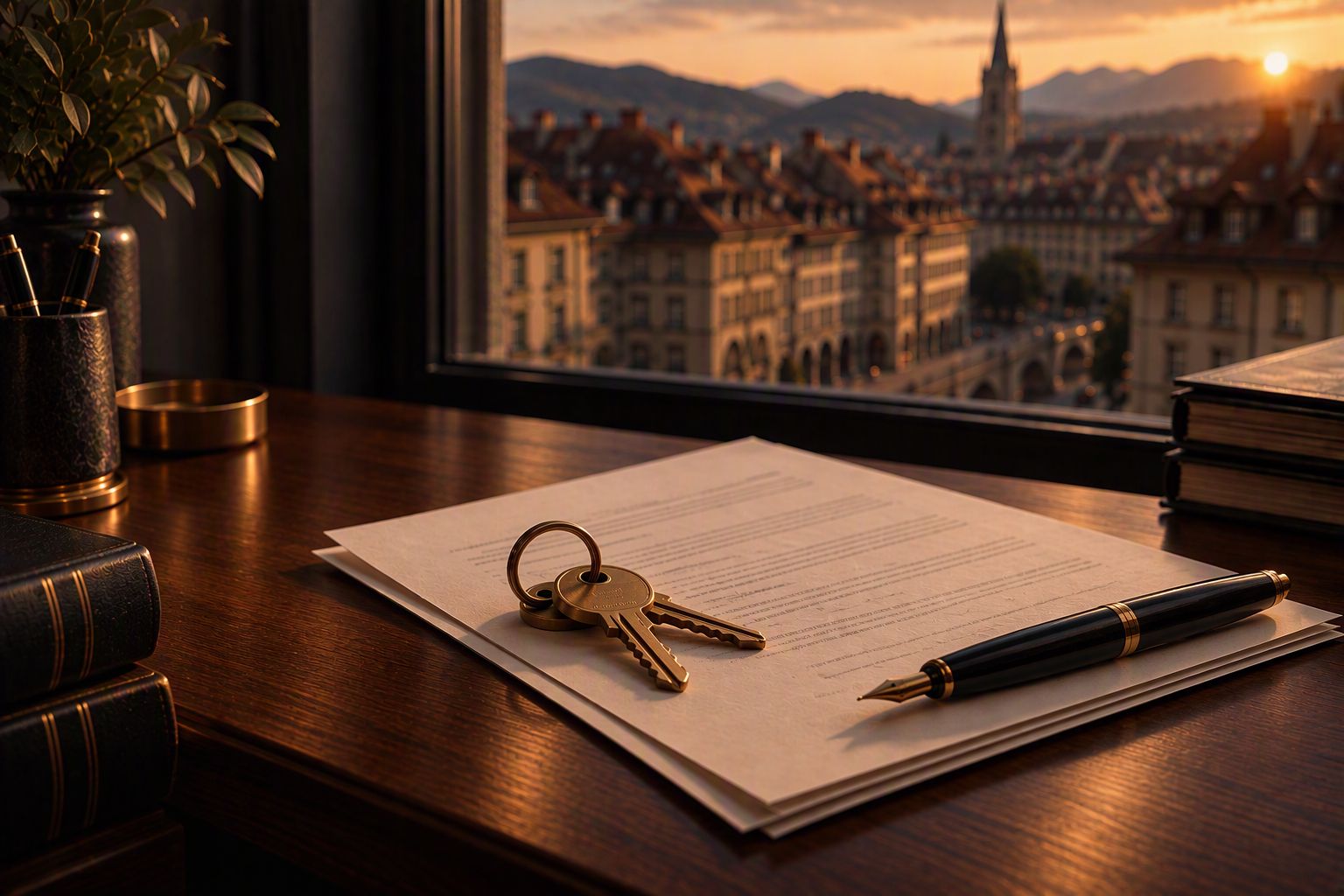 Wohnungsschlüssel und Mietvertrag auf einem Schreibtisch mit Blick über die Berner Altstadt
