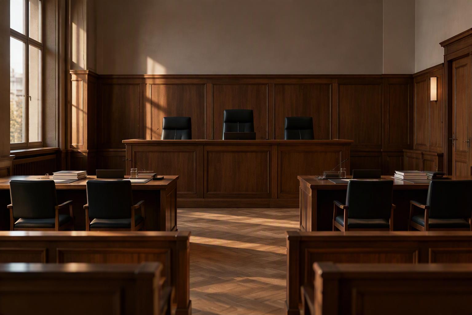 Leerer Gerichtssaal mit Richtertisch und Parteitischen im Abendlicht